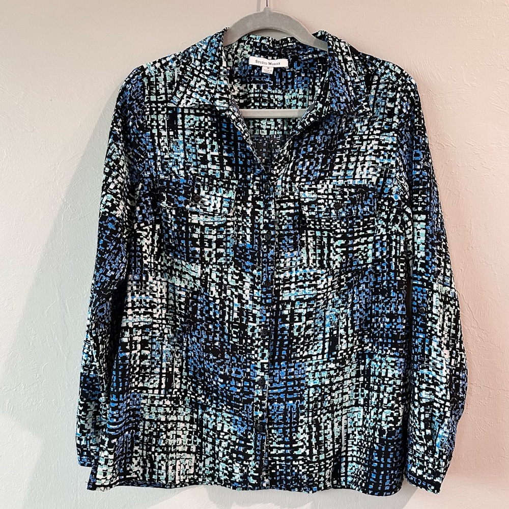Studio Works Blue Black Abstract Long-sleeve Shirt Size M Front Pockets Collared